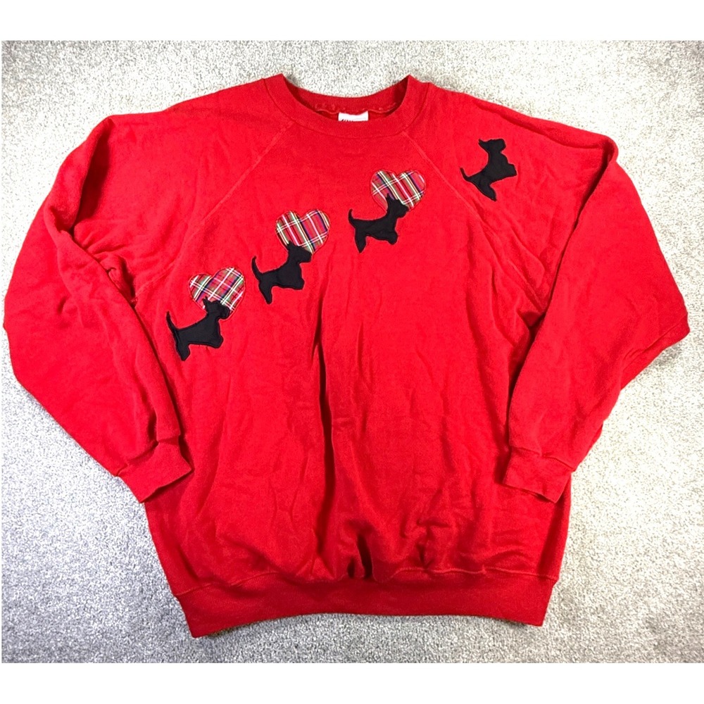 Vintage Hanes Scottie‎ Dog Plaid Heart Red Crewneck Sweatshirt XL USA
